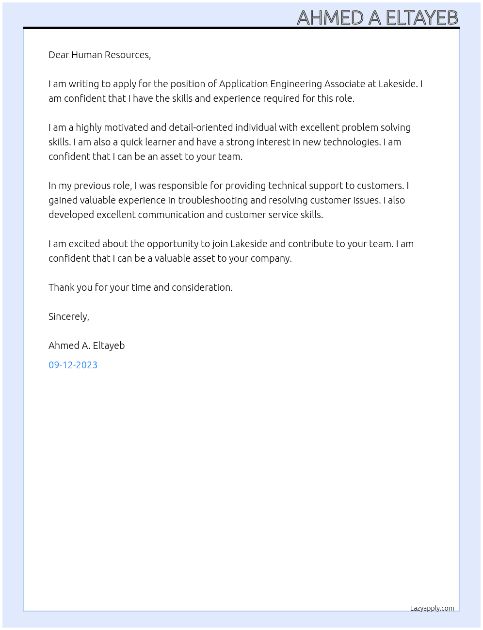 Application Engineering Associate At Lakeside Cover Letter
