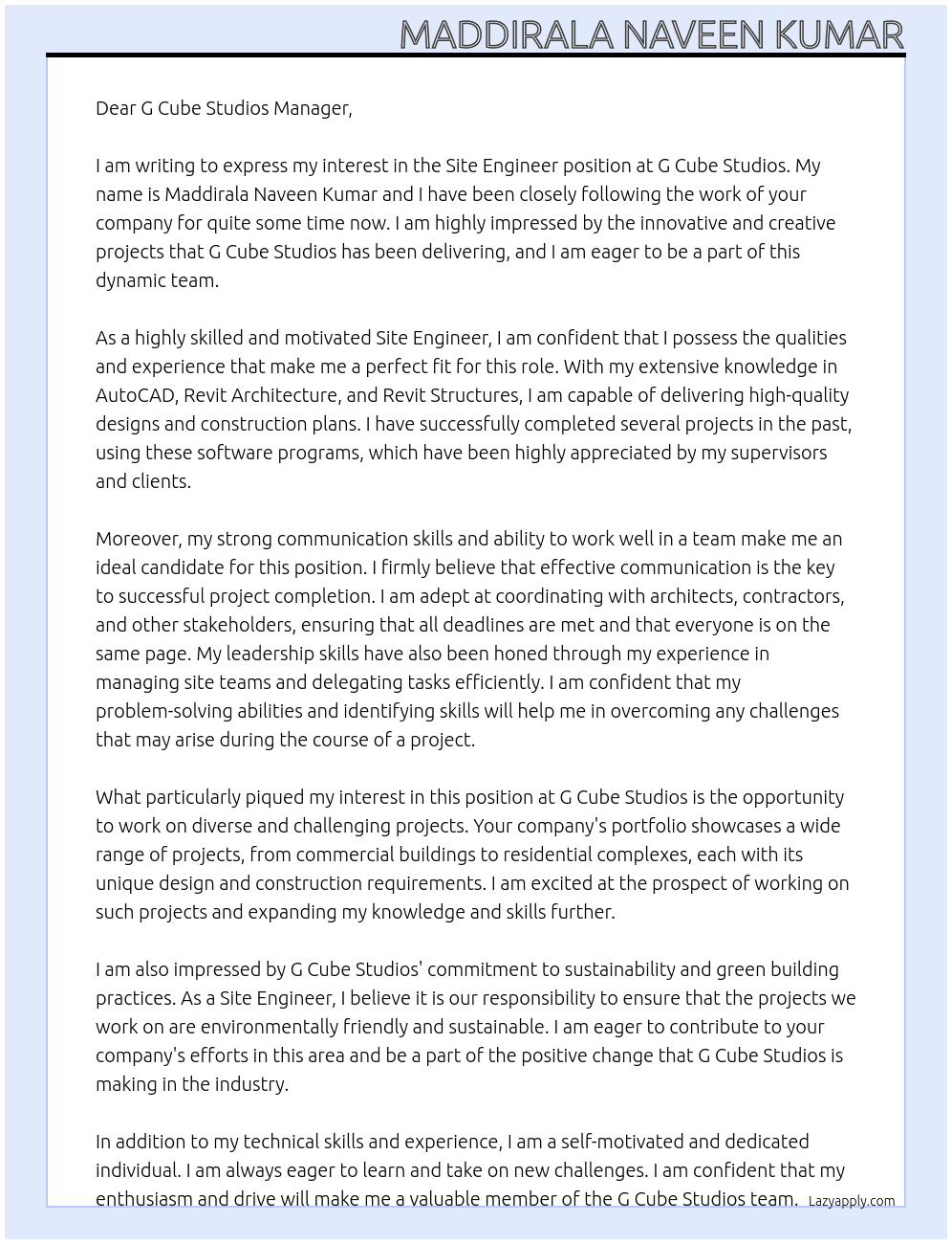 Site Engineer  At G Cube Studios  Cover Letter