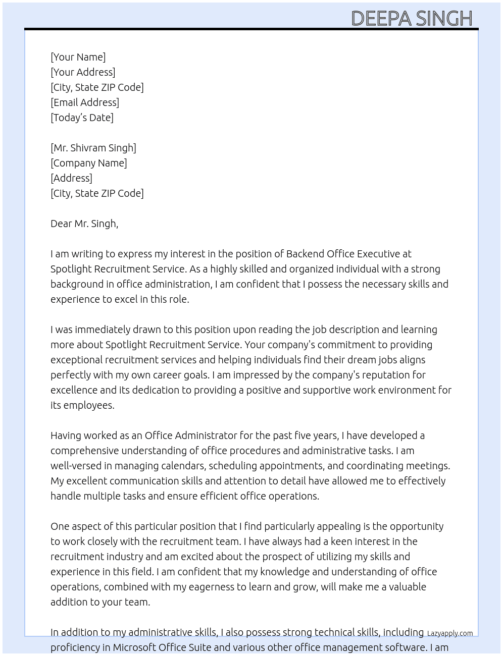 Backend office executive  At Spotlight recruitment service  Cover Letter