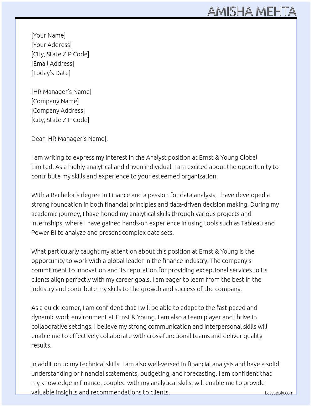 Analyst  At Ernst & Young Global Limited Cover Letter