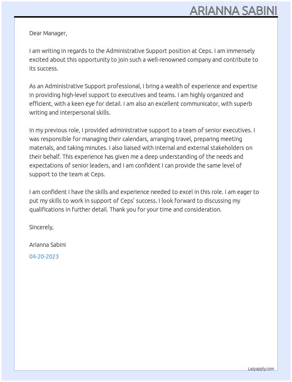 administrative support At Ceps Cover Letter