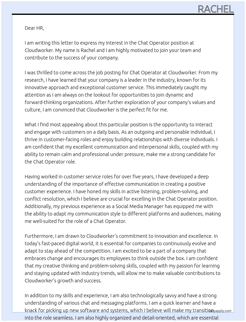 Chat Operator At Cloudworker Cover Letter