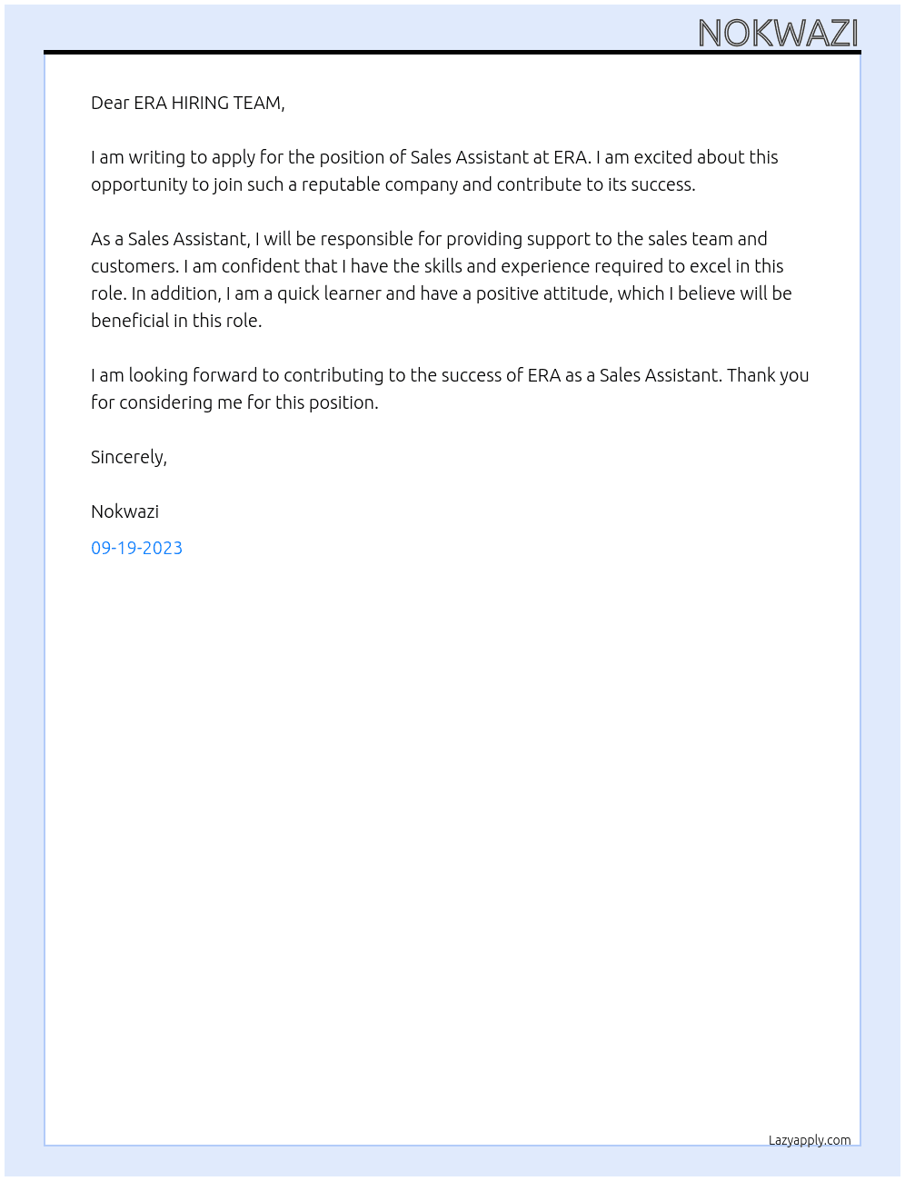 SALES ASSISTANT At ERA Cover Letter
