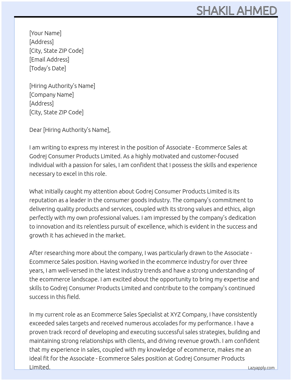 Associate - Ecommerce Sales At Godrej Consumer Products Limited Cover Letter