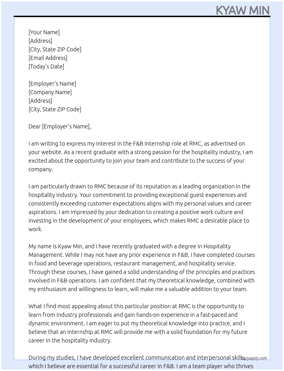 F&B At RMC Cover Letter