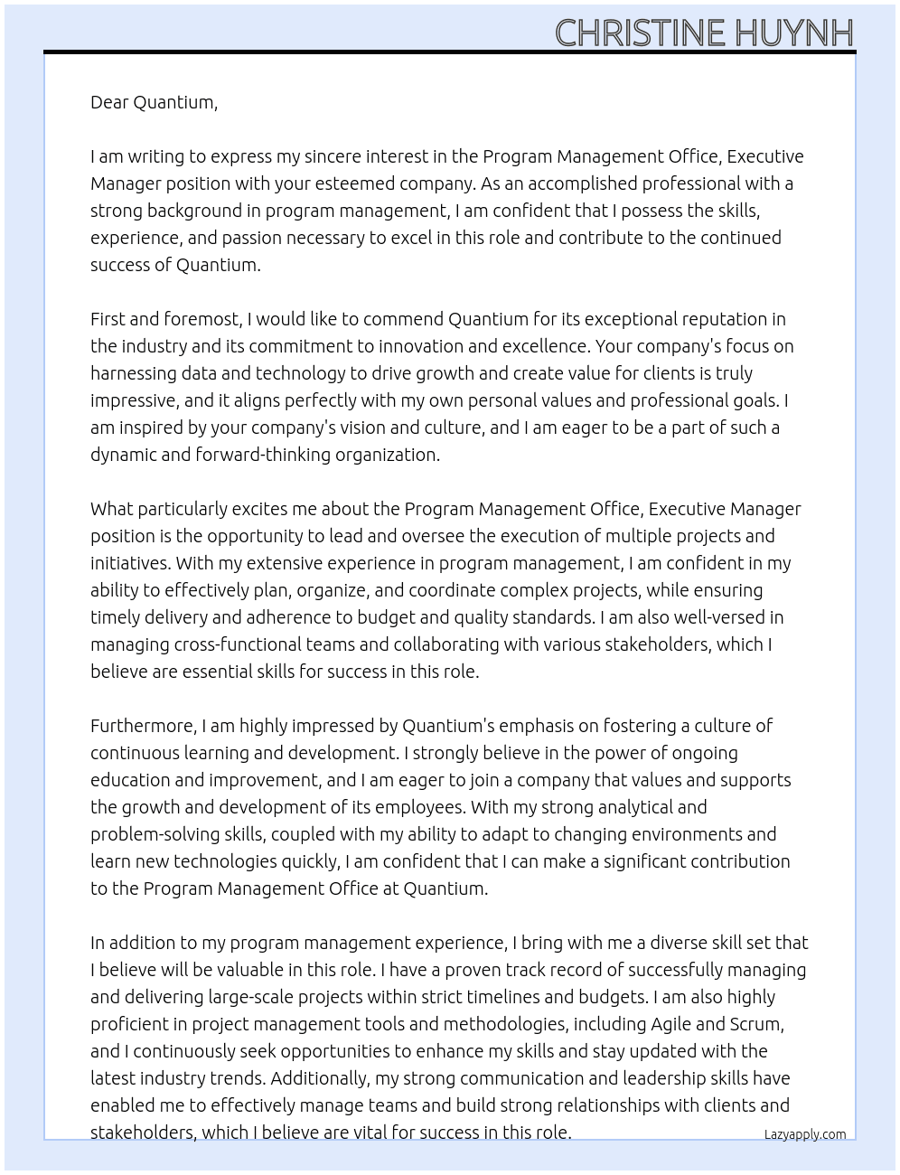 Program Management Office, Executive Manager At Quantium Cover Letter