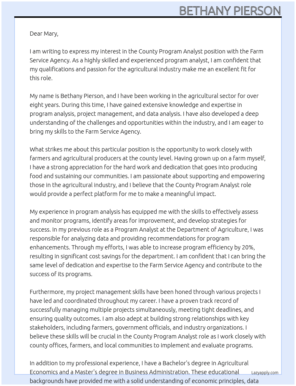 County Program Analyst At Farm Service agency  Cover Letter