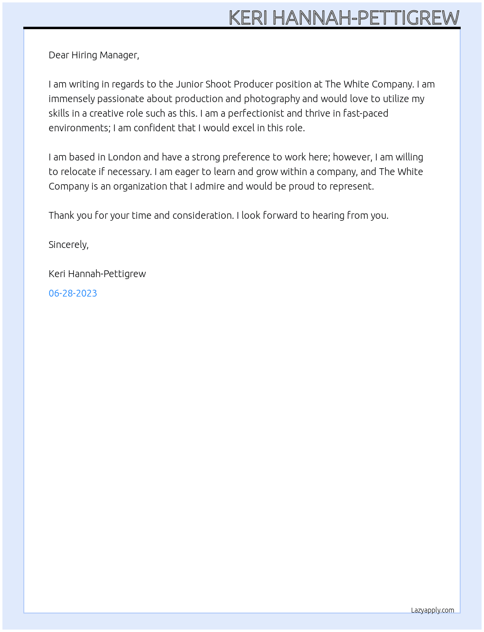 Junior Shoot Producer At The White Company Cover Letter