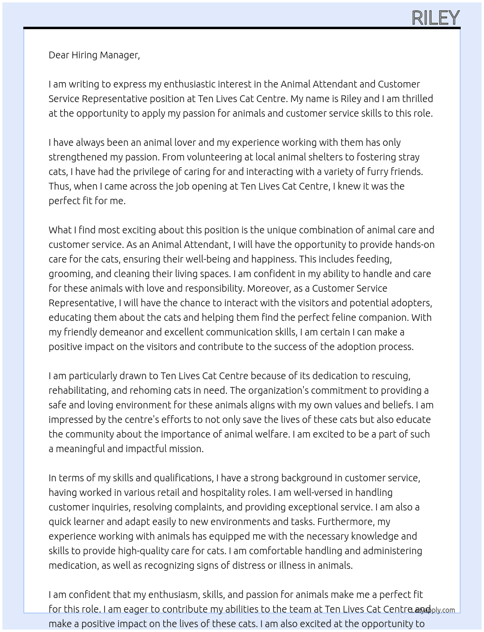 Animal Attendant + Customer Service Representative At Ten Lives Cat Centre Cover Letter