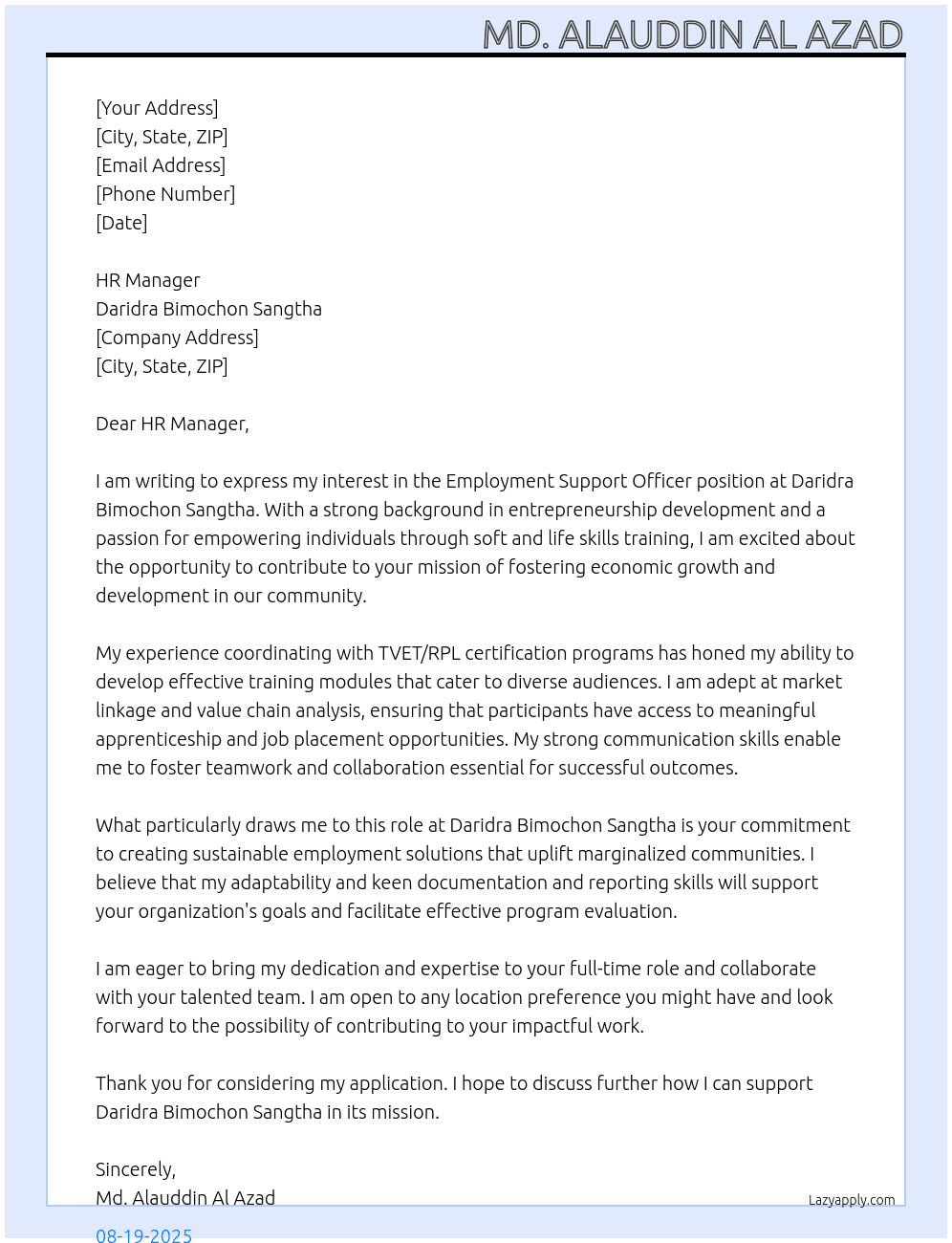 Employment support Officer  At Daridra Bimochon Sangtha Cover Letter