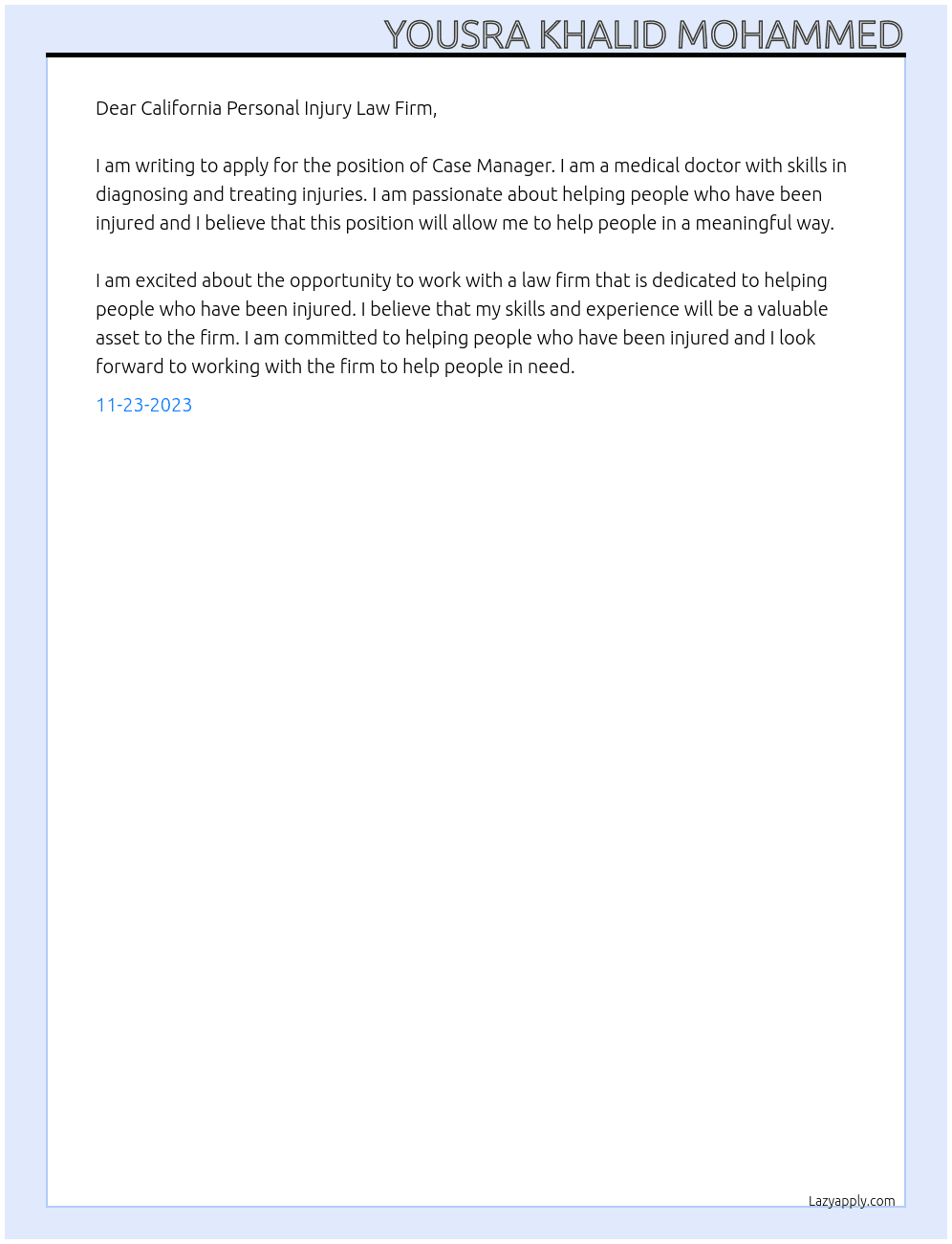 Case Manager At California Personal Injury Law Firm Cover Letter