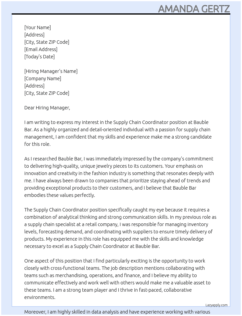 Supply Chain Coordinator At Bauble Bar Cover Letter