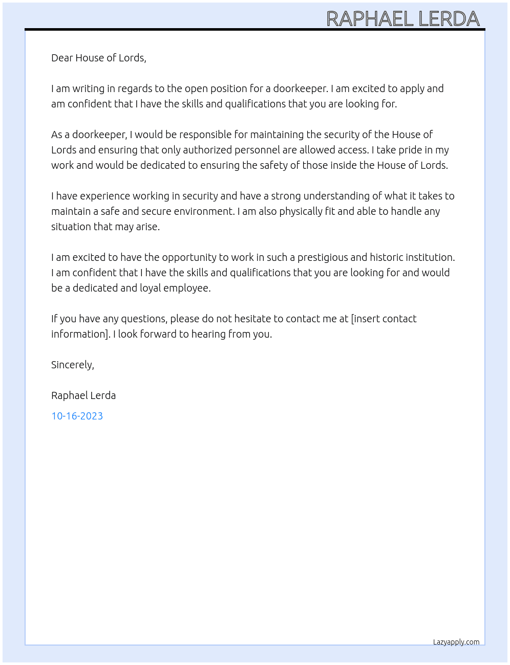 Doorkeeper At House of lord  Cover Letter