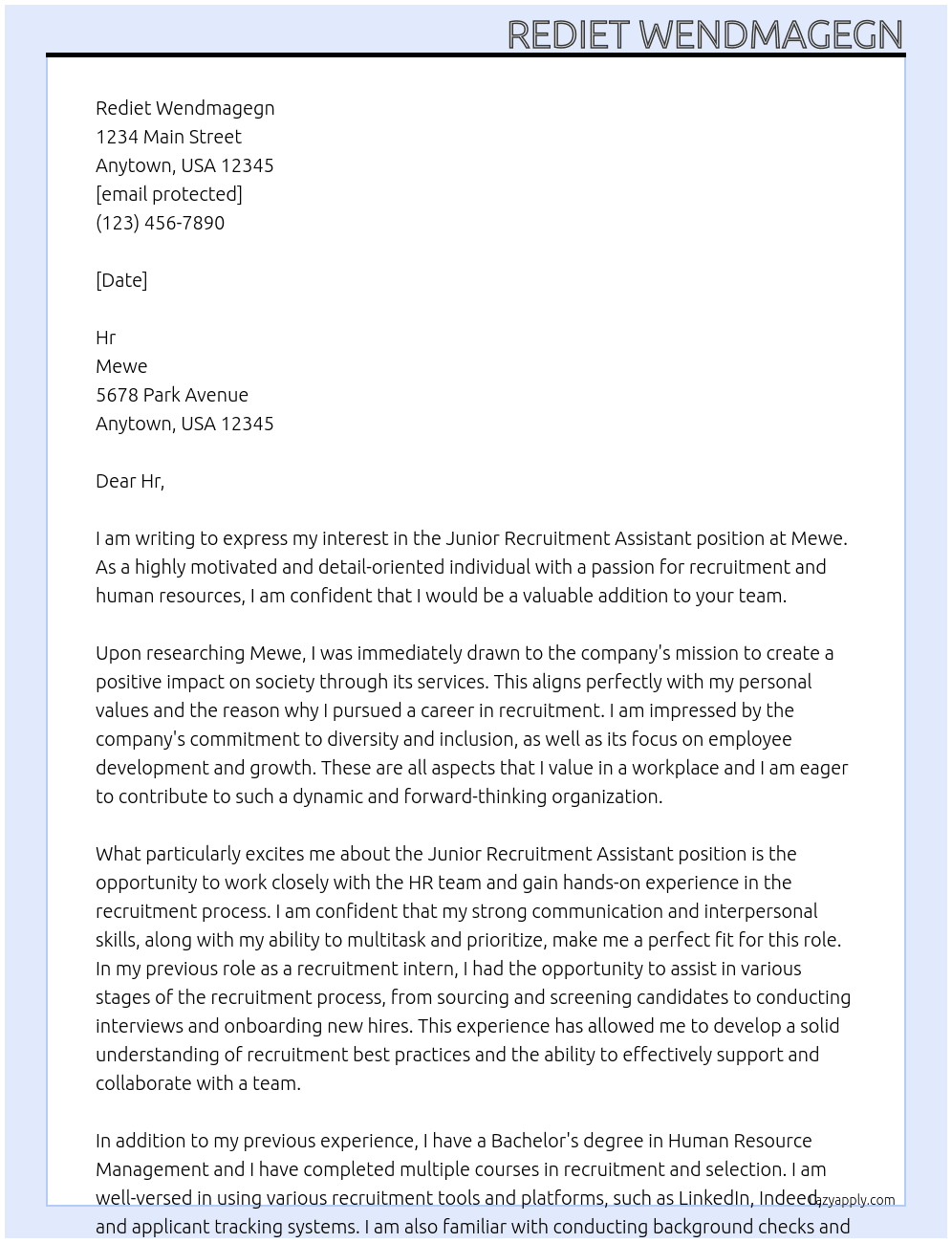 Junior recruitment assist  At Mewe Cover Letter