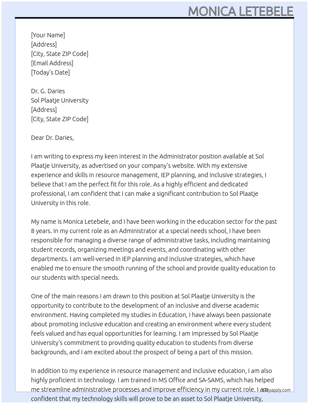 Administrator At Sol Plaatje University Cover Letter