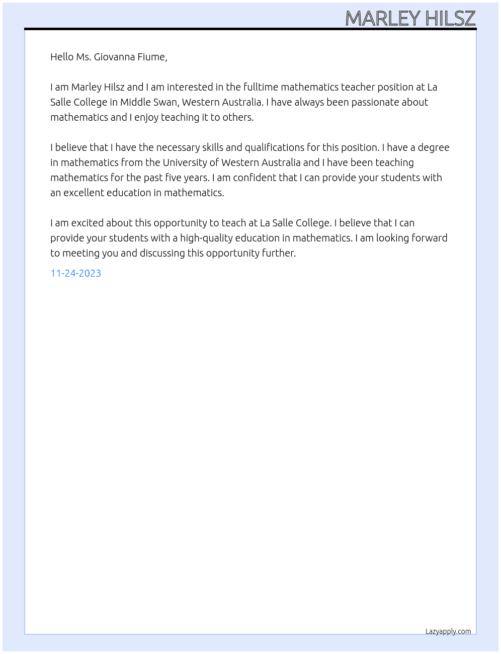 Mathematics Teacher At La Salle College Cover Letter