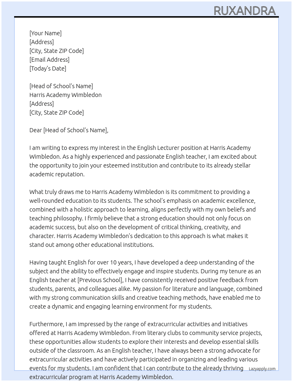 English lecturer At Harris Academy Wimbledon Cover Letter