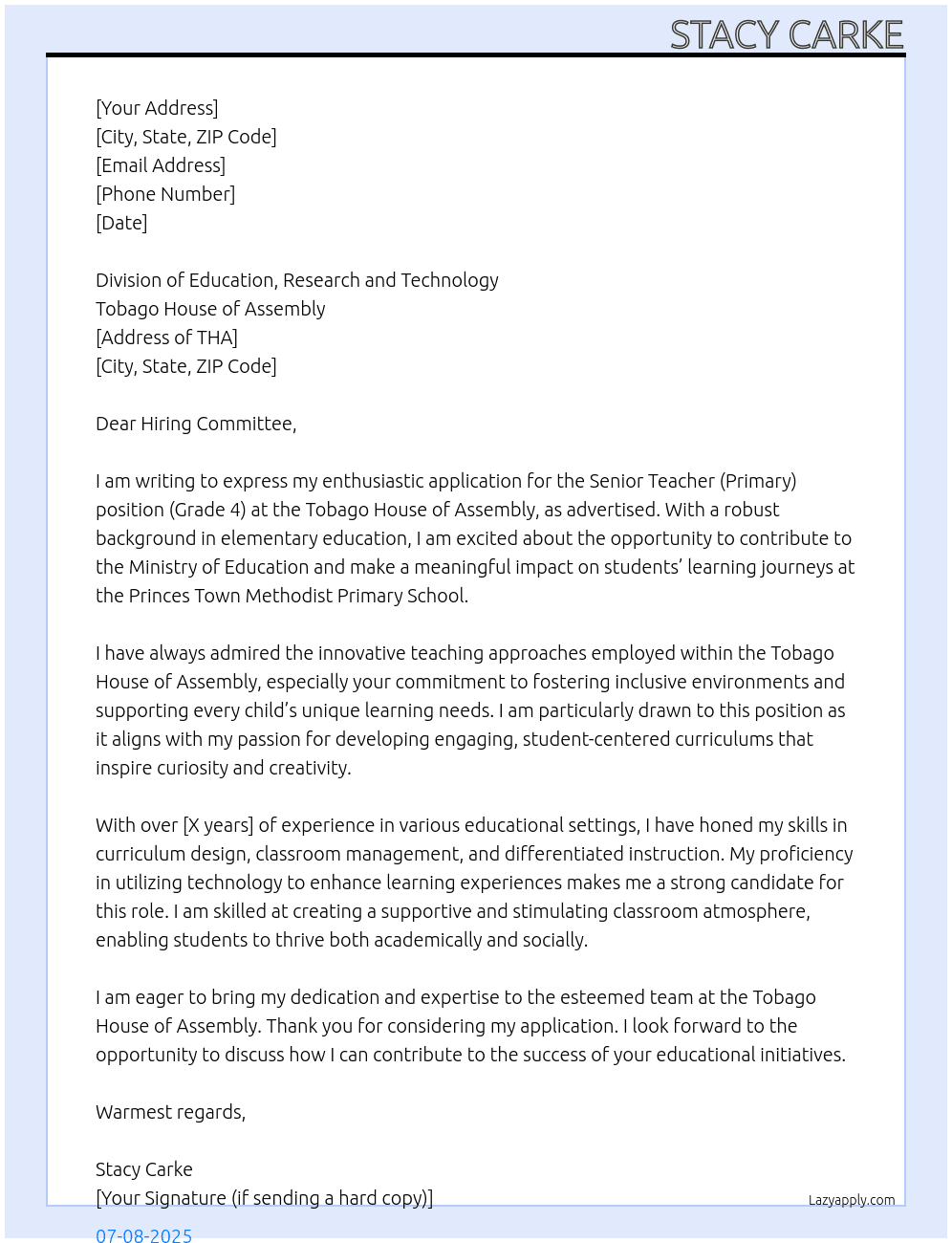 Senior Teacher (Primary) (Grade 4) At Ministry of Education c/o Princes Town Methodist Primary School Cover Letter