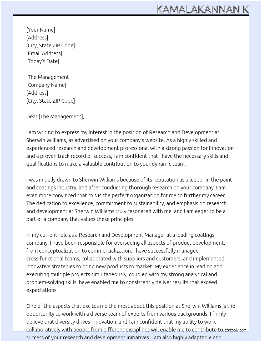 Research and development  At Sherwin Williams  Cover Letter