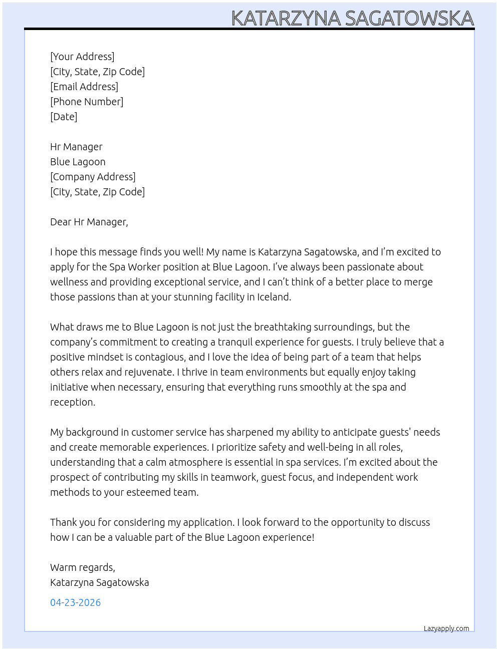 Spa worker At Blue lagoon Cover Letter