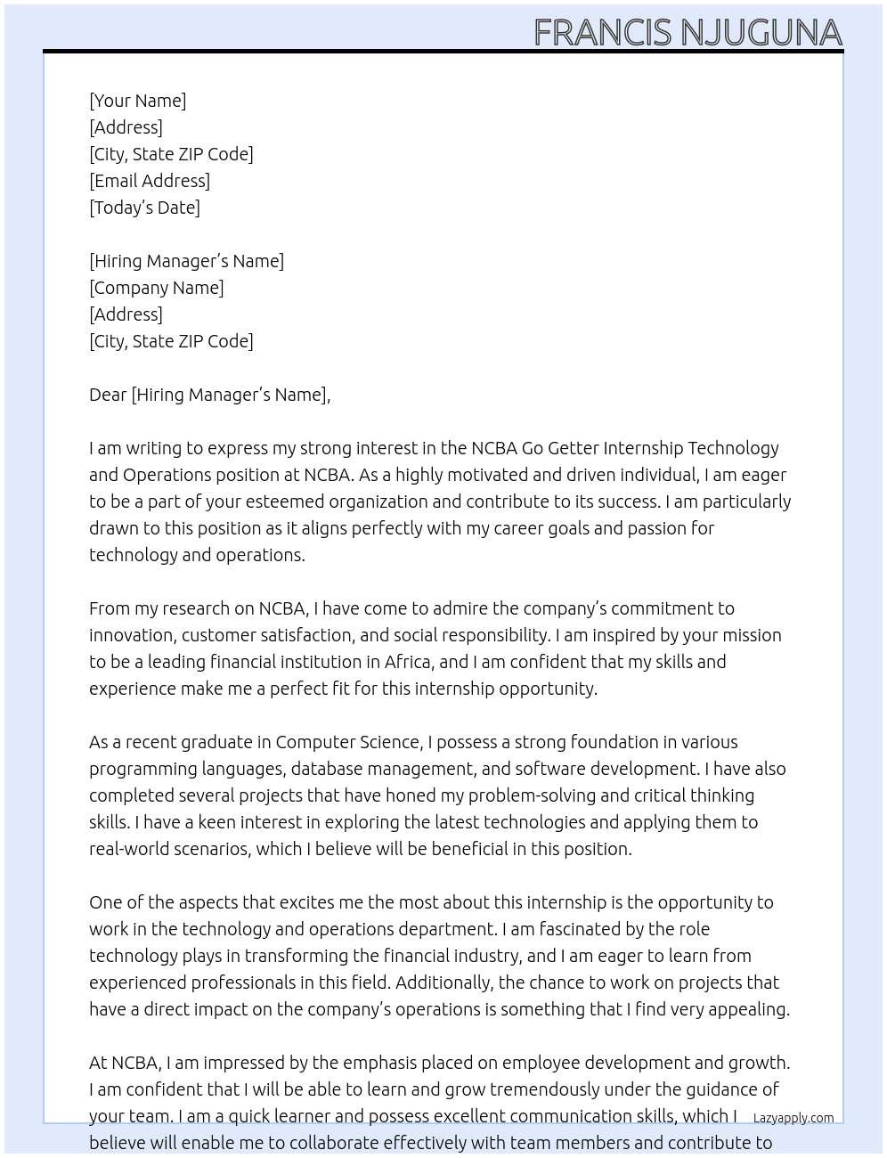 NCBA Go Getter Internship Technology and Operations At NCBA Cover Letter