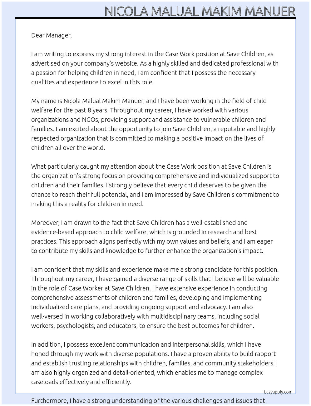 case work At save children  Cover Letter