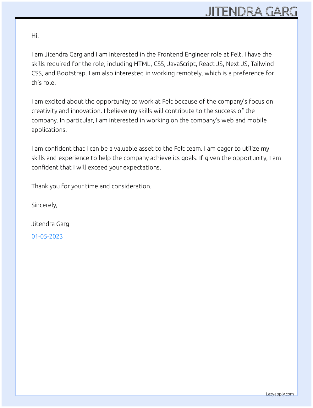 Frontend Engineer At Felt Cover Letter