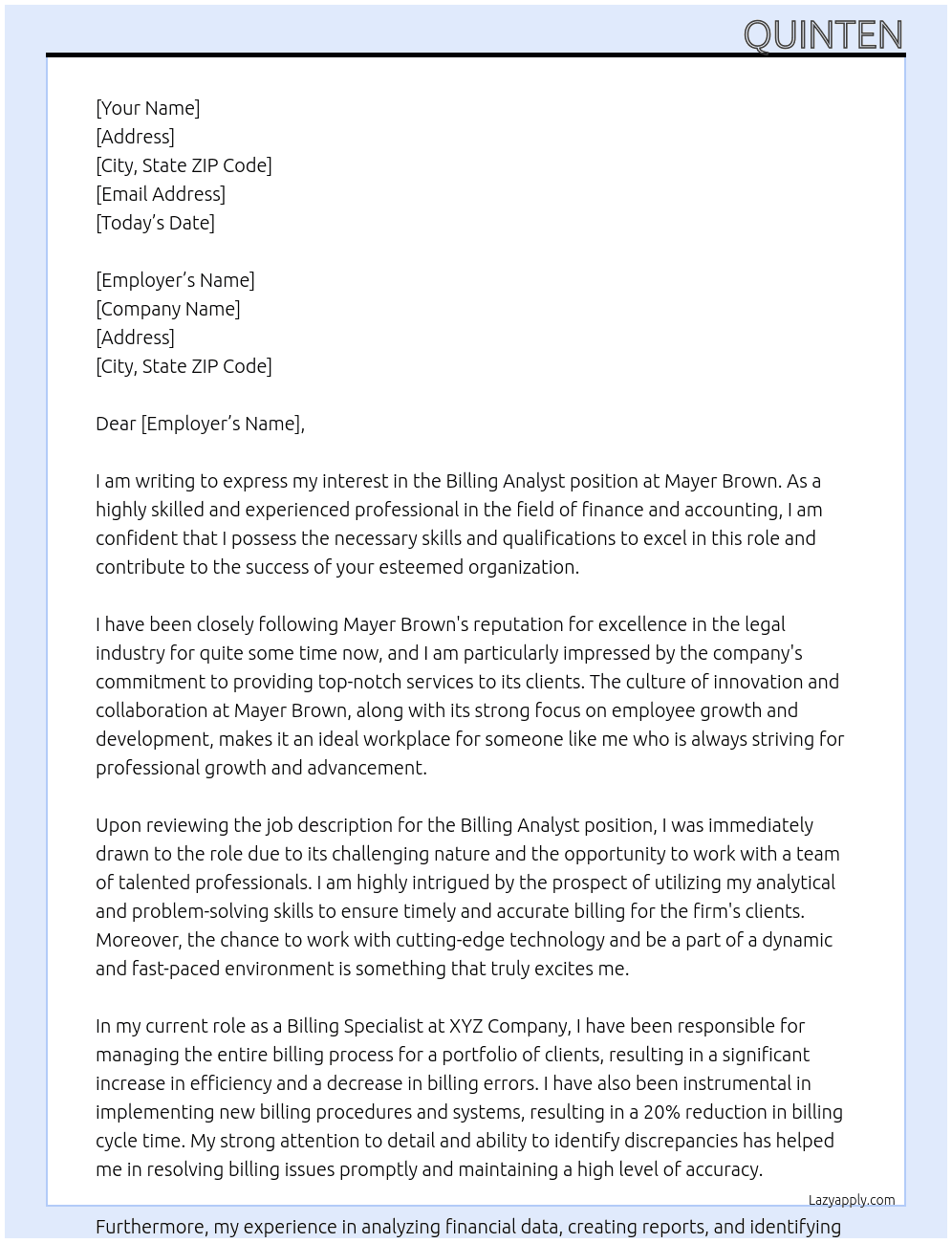 billling anaylst At Mayer Brown Cover Letter