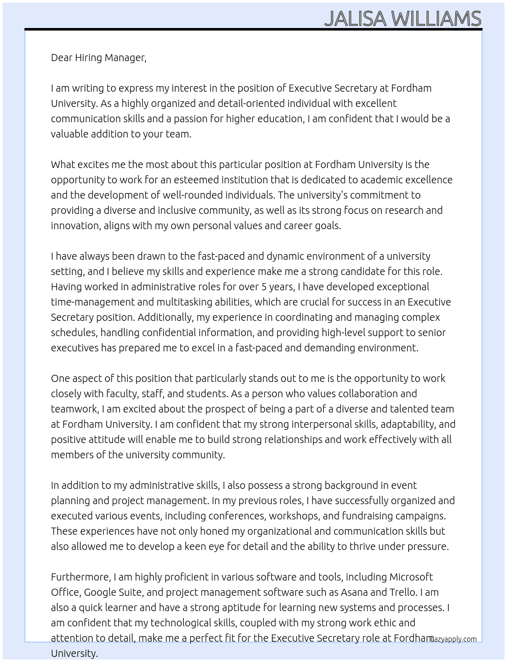  Executive Secretary At Fordham University Cover Letter