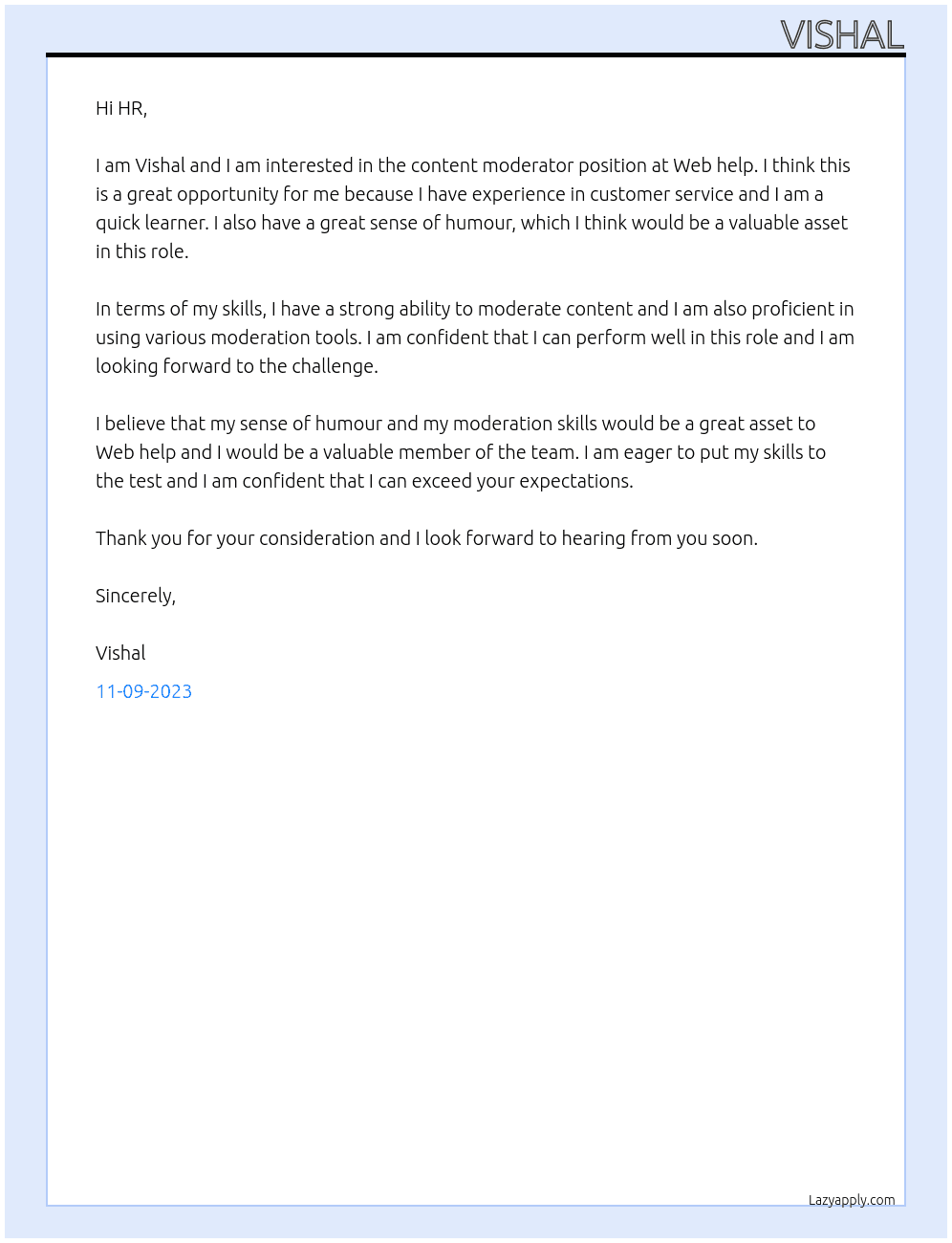 Content moderator  At Web help Cover Letter