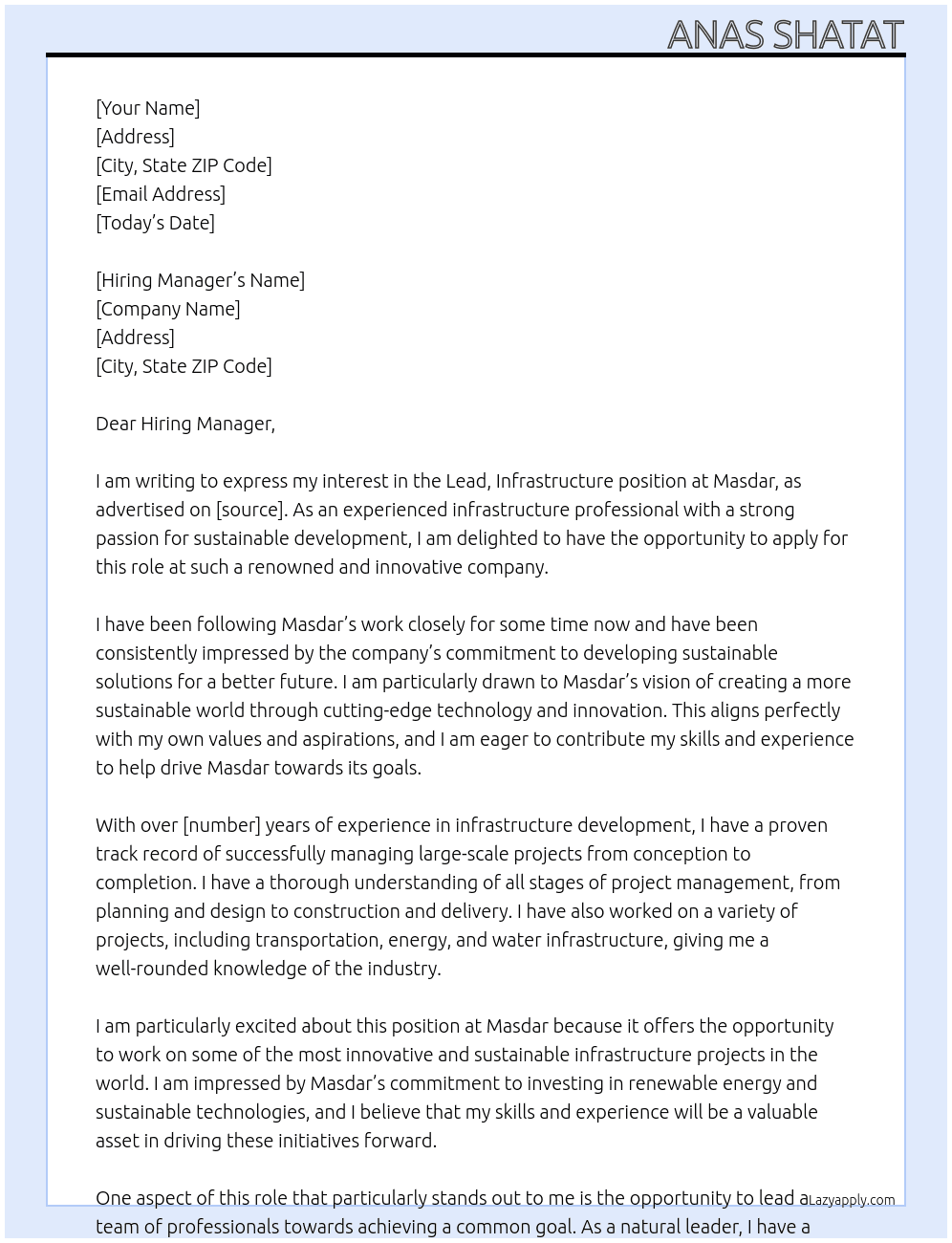 Lead, Infrastructure At Masdar Cover Letter