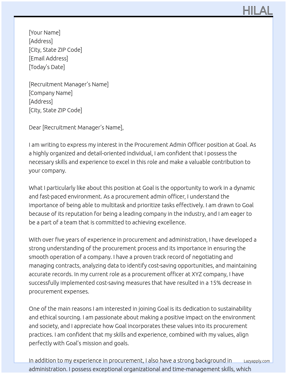 Procurement admin officer At Goal Cover Letter
