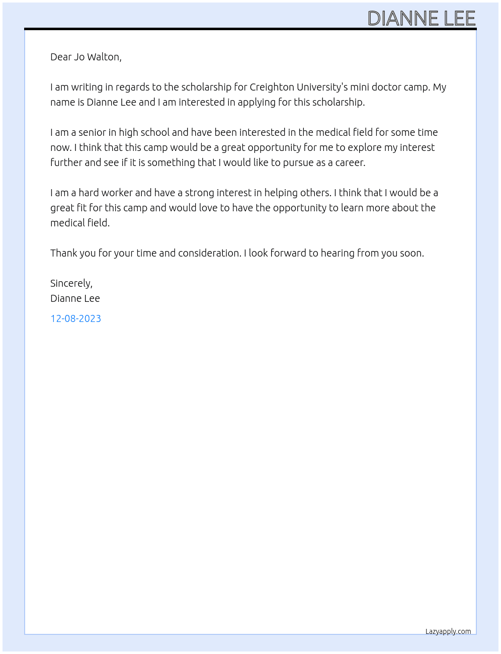 Scholarship for Creighton - Mini Doctor Camp At Creighton University Cover Letter
