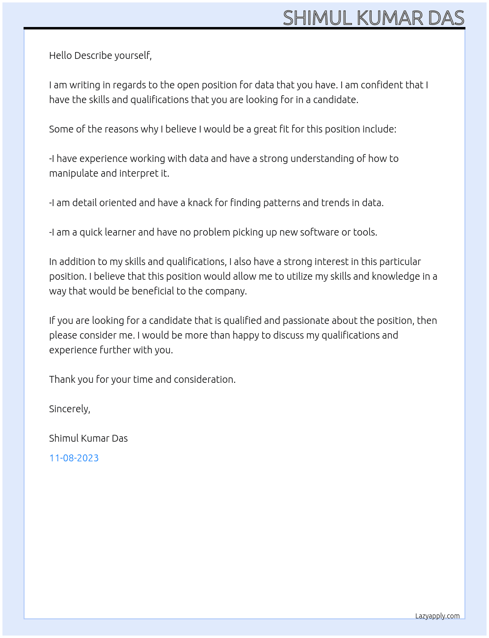 data At Describe yourself  Cover Letter