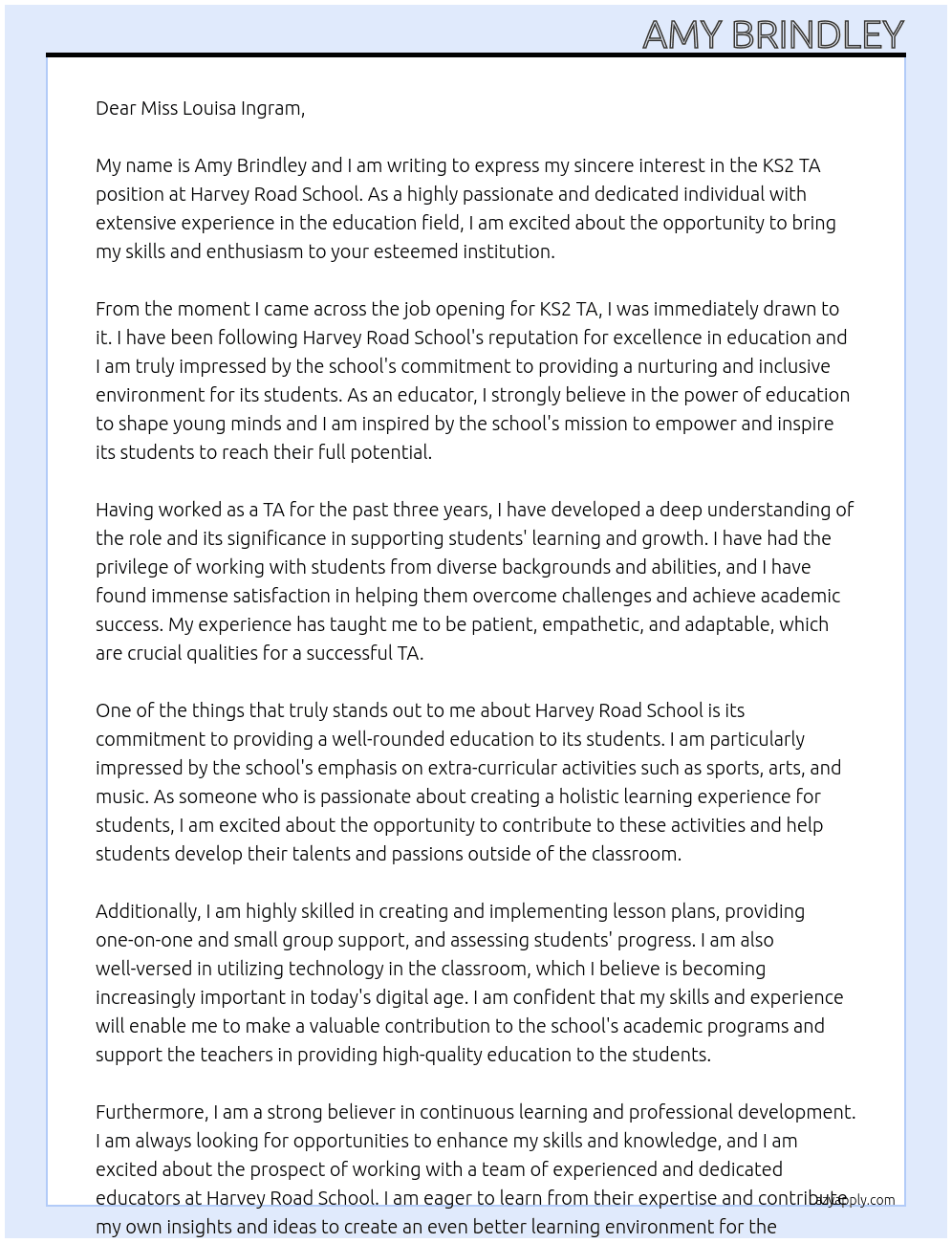 school ks2 TA At Harvey Road School Cover Letter