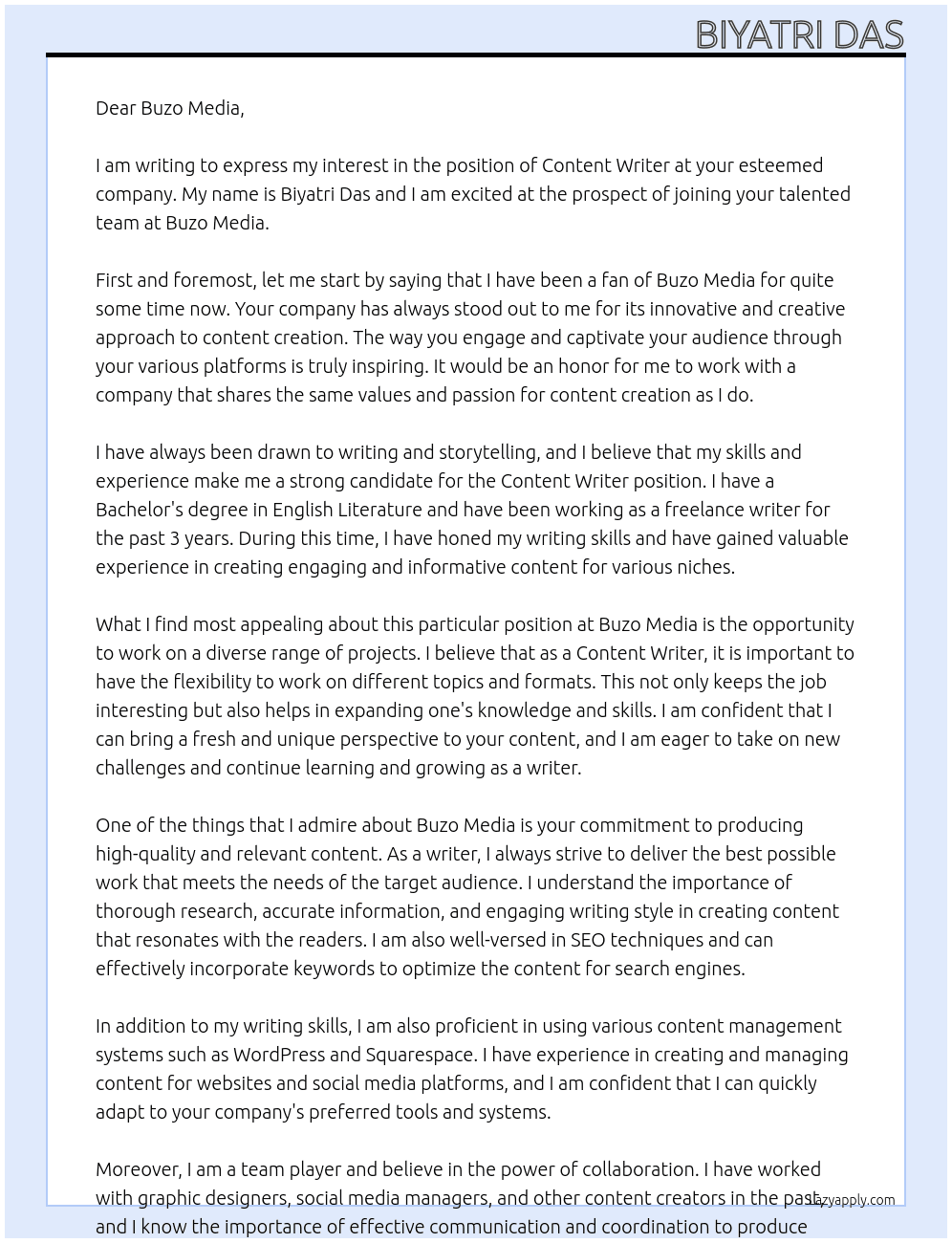 Content Writer At Buzo Media Cover Letter