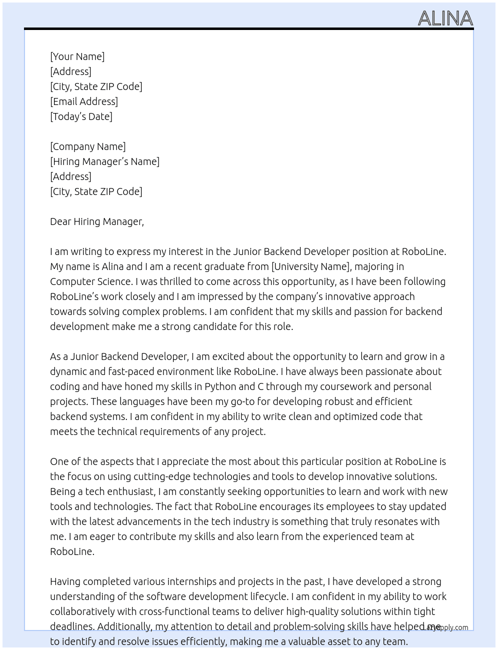 Junior Backend Developer At RoboLine Cover Letter