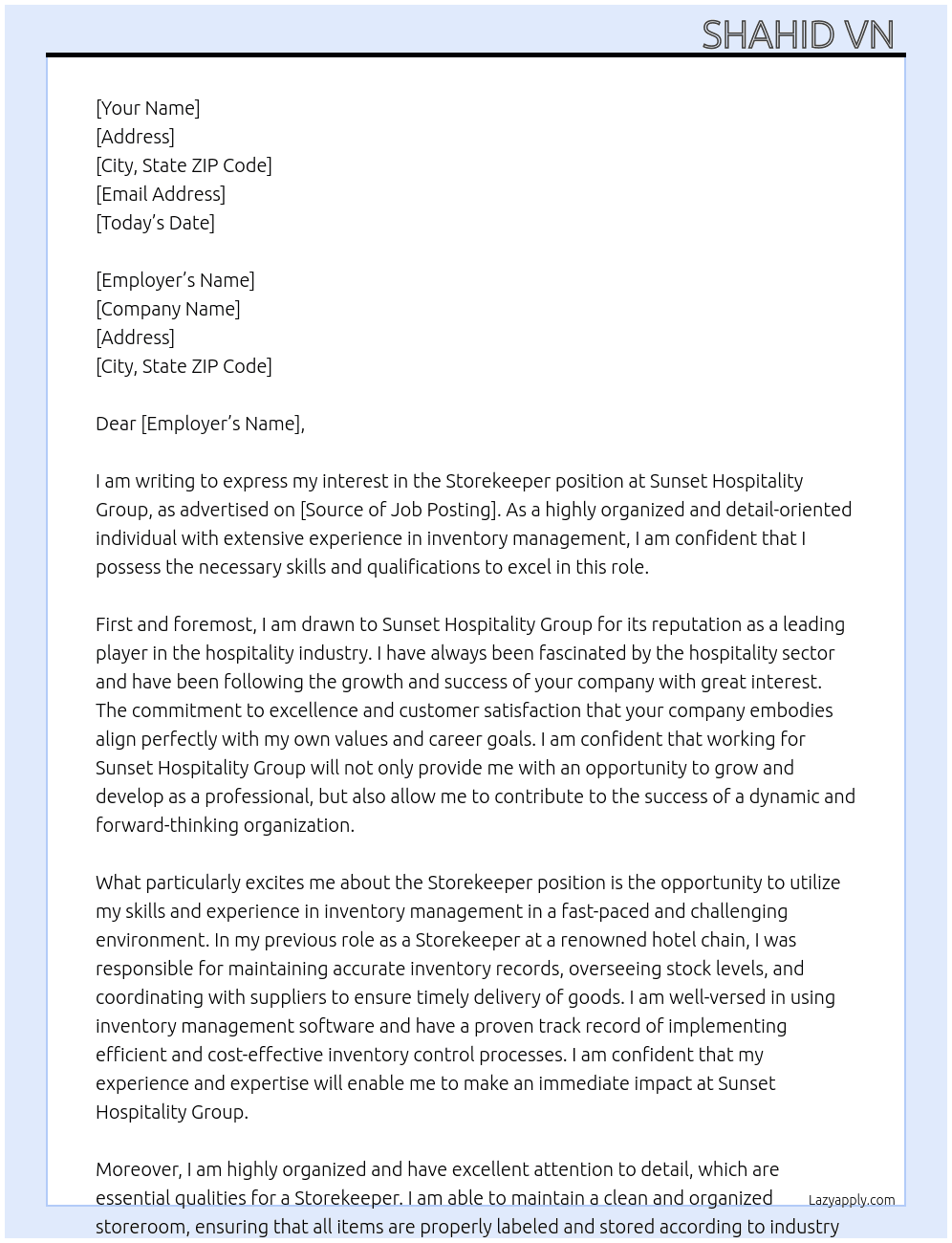 Store keeper At Sunset Hospitality Group Cover Letter