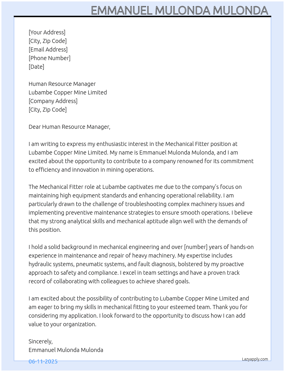 Mechanical fitter  At Lubambe Copper Mine Limited Cover Letter