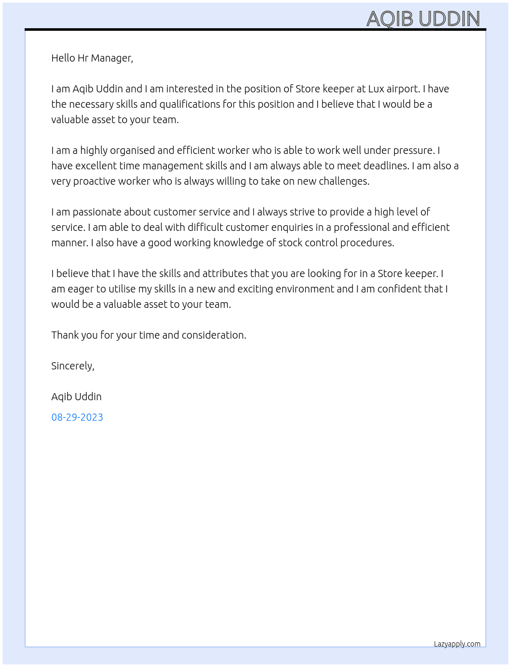 Store keeper  At Lux airport  Cover Letter