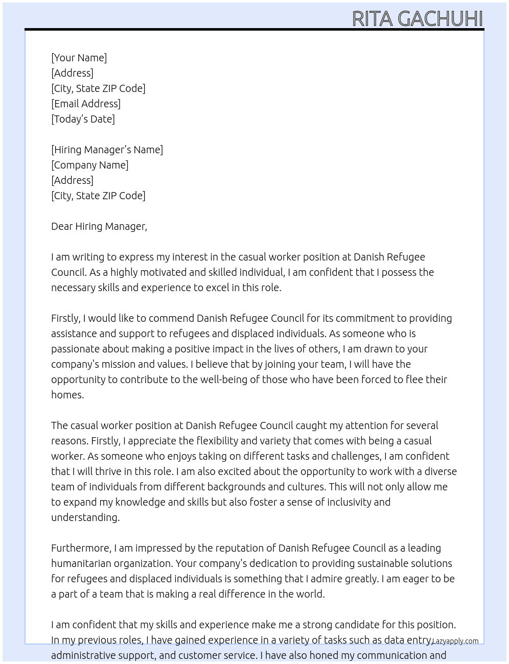 casual worker At Danish Refugee Council Cover Letter