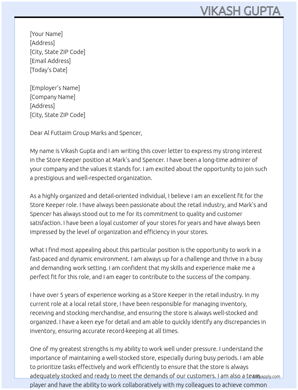 Cover letter for store keeper  at marks and spencer - LazyApply