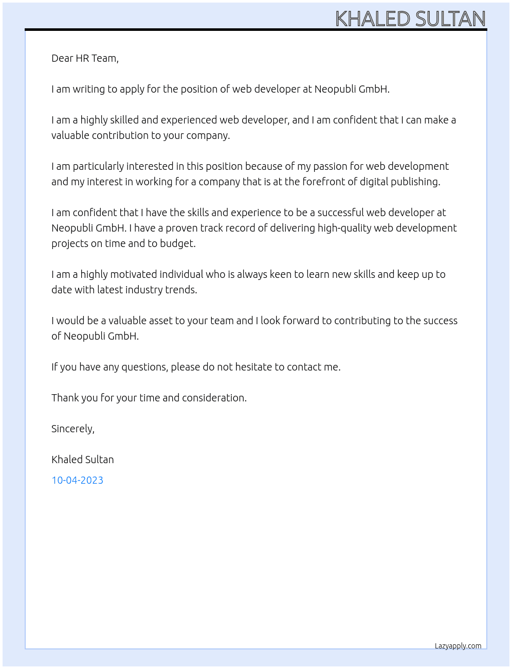 web developer  At Neopubli gmbh Cover Letter