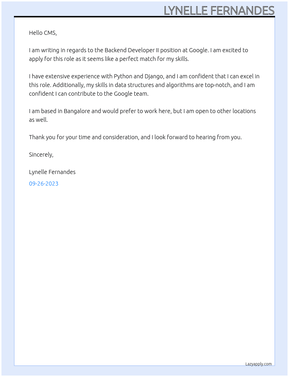 Backend Developer II At Google Cover Letter