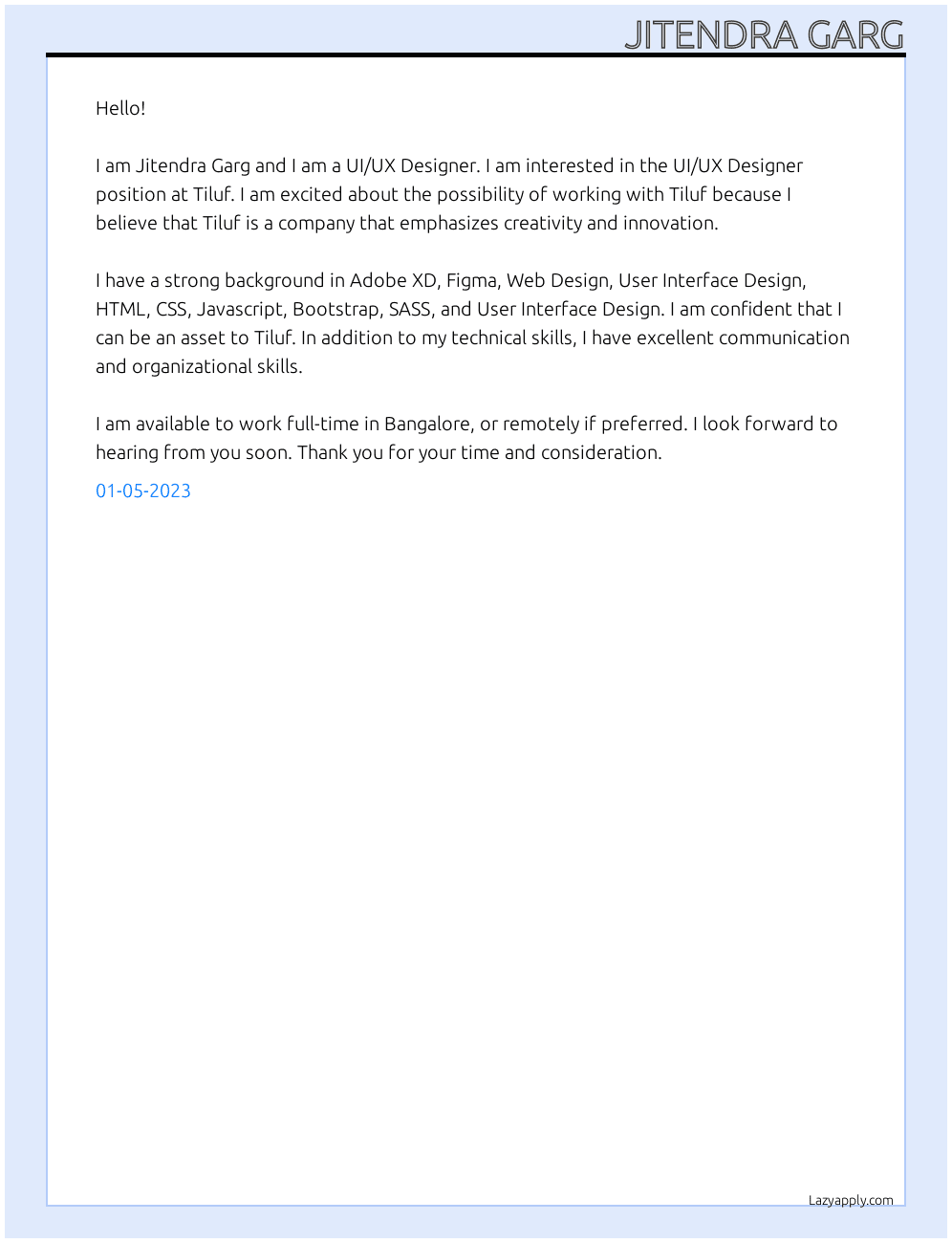 UI/UX Designer At Tiluf Cover Letter