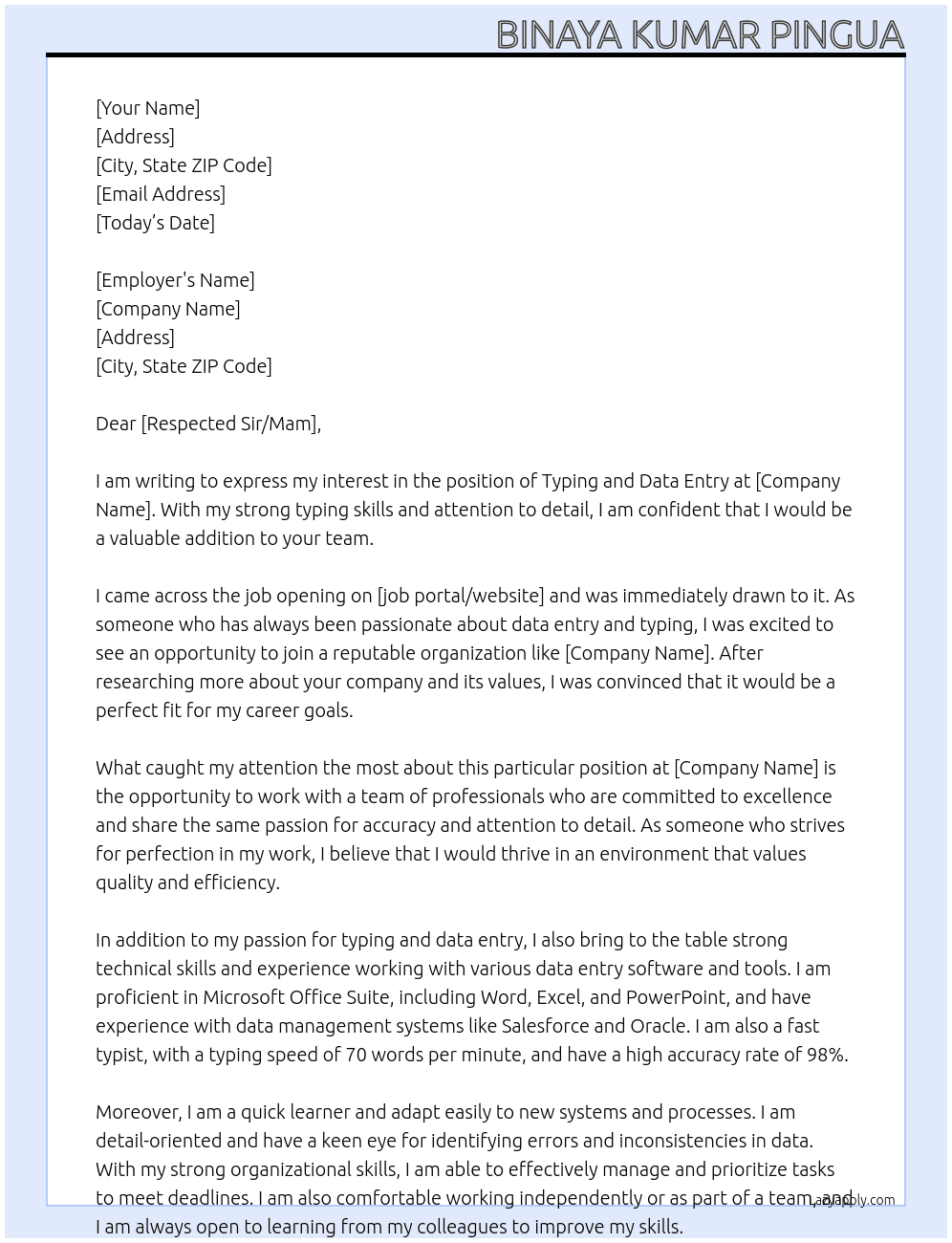 Typing and Data Entry At your work Cover Letter