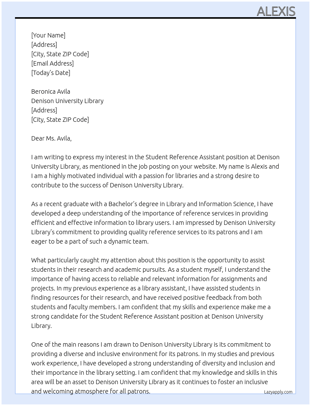 Student Reference Assistant  At Denison University Library  Cover Letter