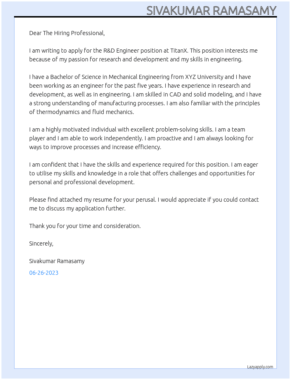 R&D Engineer At TitanX Cover Letter