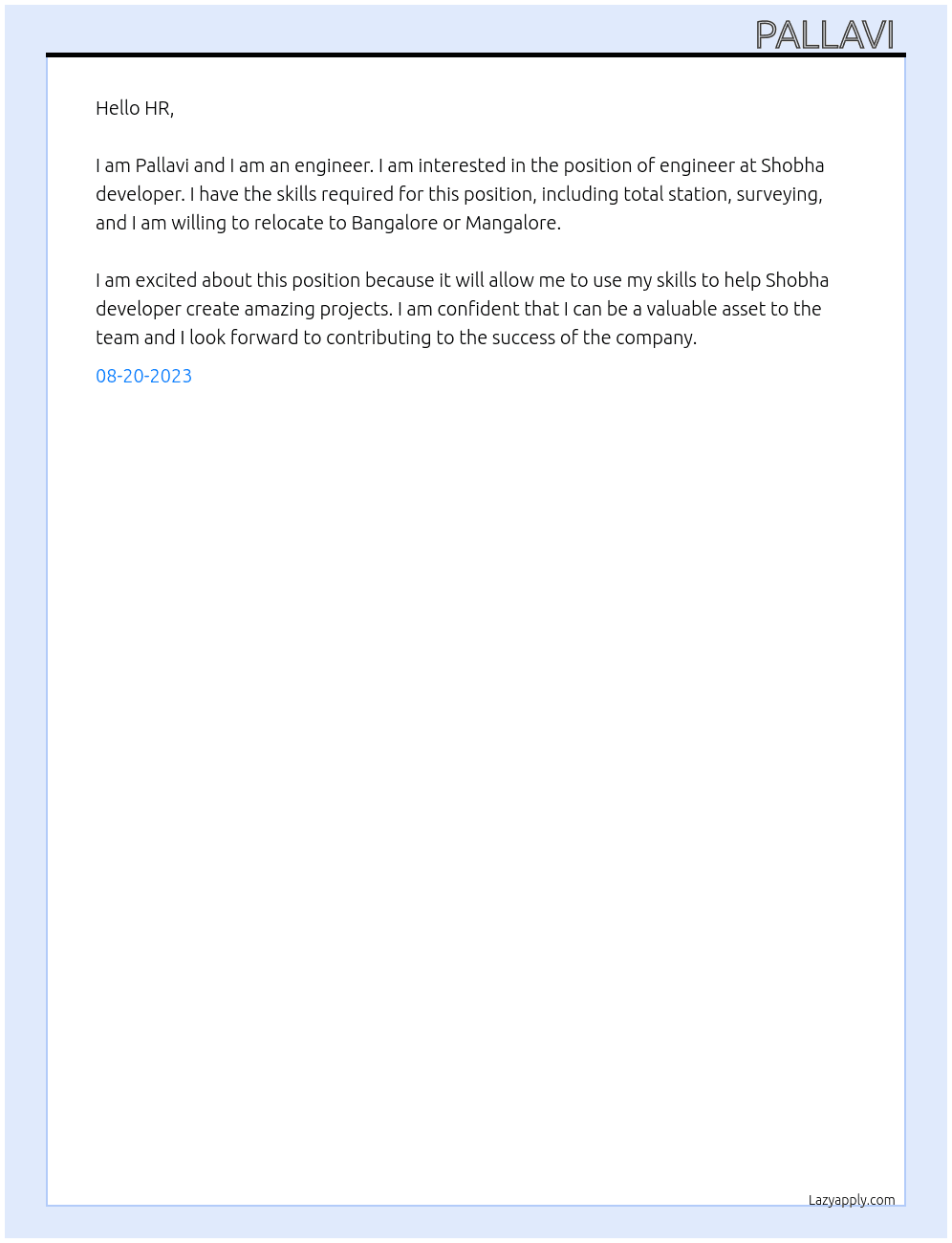 Engineer  At Shobha developer  Cover Letter