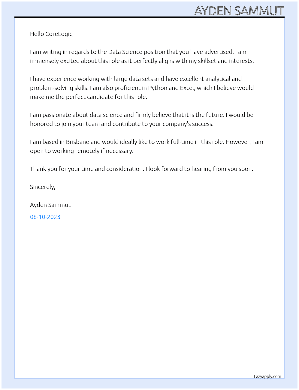 Data science At CoreLogic Cover Letter